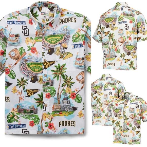 Reyn Spooner Official Men's San Diego Padres White Scenic Logo Button-Up Shirt S - Picture 10 of 10